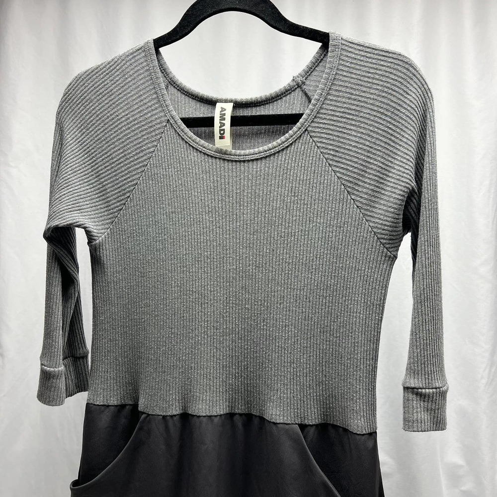 Amadi USA 3/4 Sleeve Cozy Dress Mixed Media Ribbed Knit Pockets Women's Size XS